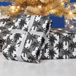 Grey White Tropical Palm Trees Stripes Design  Wrapping Paper