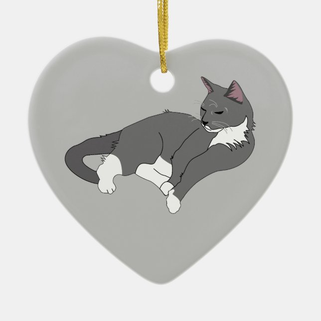 Grey & White Tuxedo Cat Ceramic Ornament (Front)