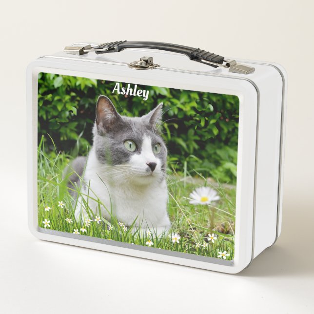 Grey & White Tuxedo Cat Custom Photo Metal Lunch Box (Front)