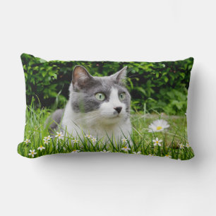 Grey & White Tuxedo Cat & Flowers Lumbar Pillow
