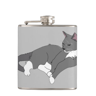 Grey & White Tuxedo Cat Hip Flask