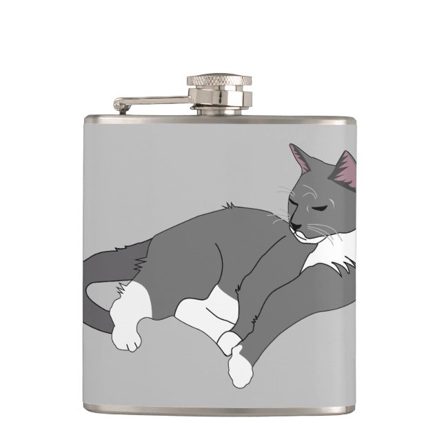 Grey & White Tuxedo Cat Hip Flask (Front)