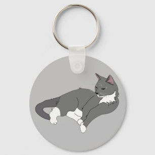 Grey & White Tuxedo Cat Keychain