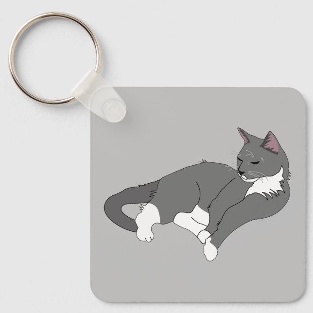Grey & White Tuxedo Cat Keychain (Front)
