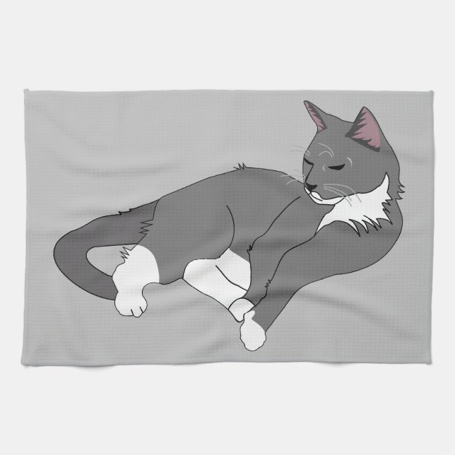 Grey & White Tuxedo Cat Kitchen Towel (Horizontal)