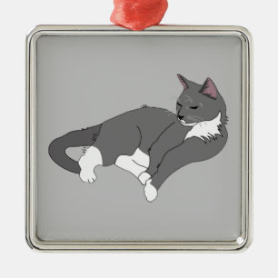 Grey & White Tuxedo Cat Metal Ornament