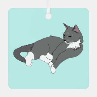 Grey & White Tuxedo Cat Metal Ornament