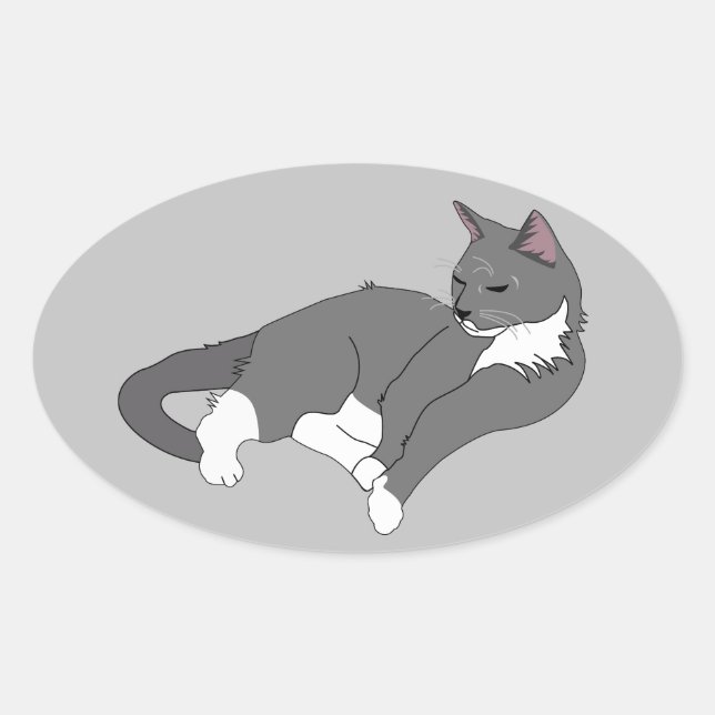 Grey & White Tuxedo Cat Oval Sticker (Front)