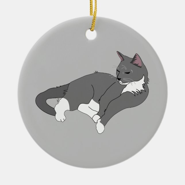 Grey & White Tuxedo Cat T-Shirt Ceramic Ornament (Front)