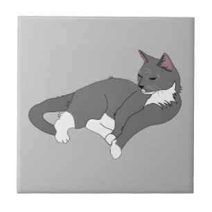 Grey & White Tuxedo Cat Tile
