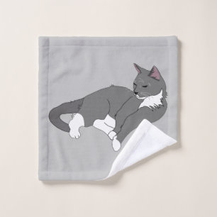 Grey & White Tuxedo Cat Wash Cloth