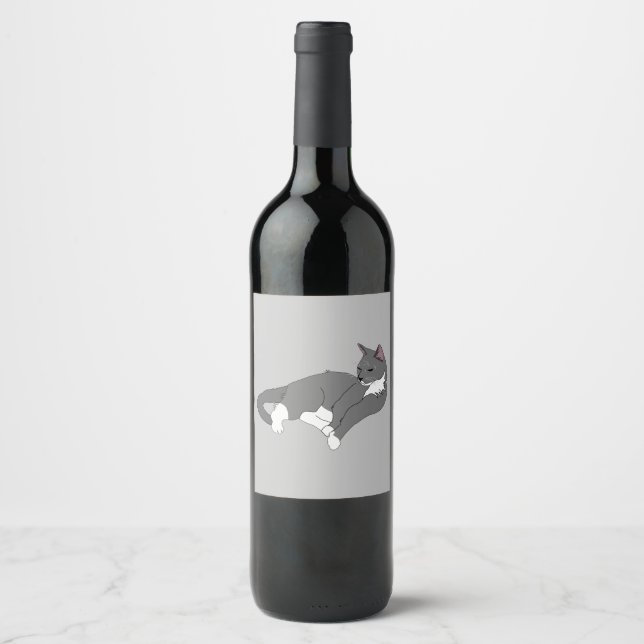 Grey & White Tuxedo Cat Wine Label (Front)