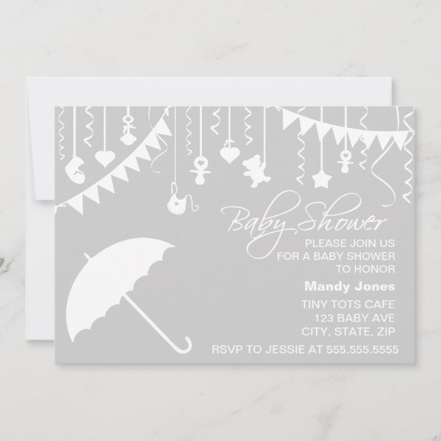 Grey & white umbrella stylish modern baby shower invitation (Front)
