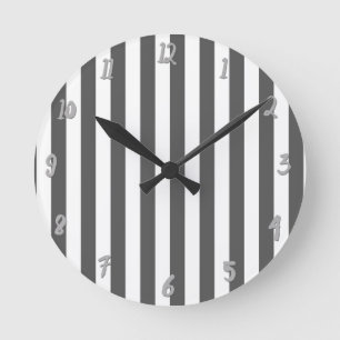 Grey & White Vertical Stripes Chic Personalized Round Clock
