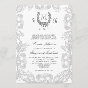 Grey White Vintage Oak Laurel Wedding Invitation