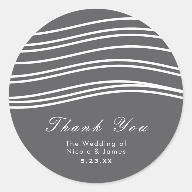 Grey & White Wave Modern Chic Wedding Classic Round Sticker (Front)