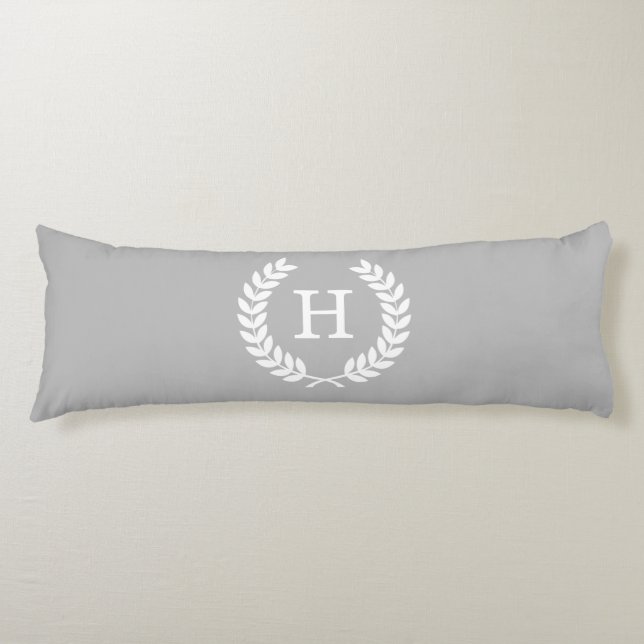 Grey White Wheat Laurel Wreath Initial Monogram Body Pillow (Front)