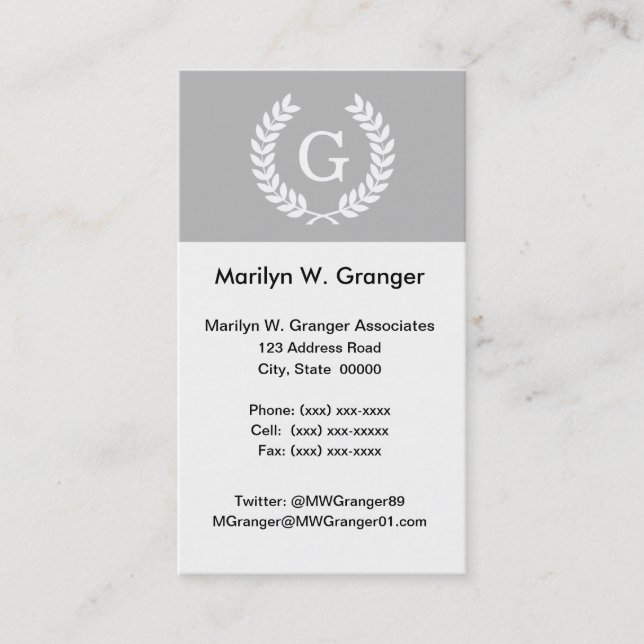 Grey White Wheat Laurel Wreath Initial Monogram Business Card (Front)