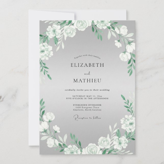 Grey White Wreath Wedding Invitation (Front)