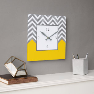 Grey White Yellow Chevron Colour Block Square Wall Clock