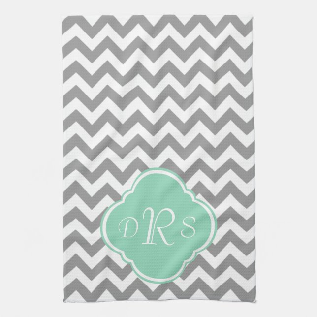 Grey & White Zigzag Custom Monogram Kitchen Towel (Vertical)