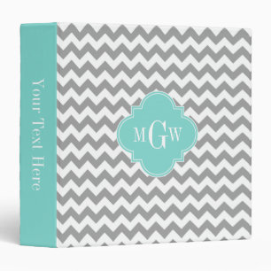 Grey Wht Chevron Aqua Quatrefoil 3 Monogram Binder