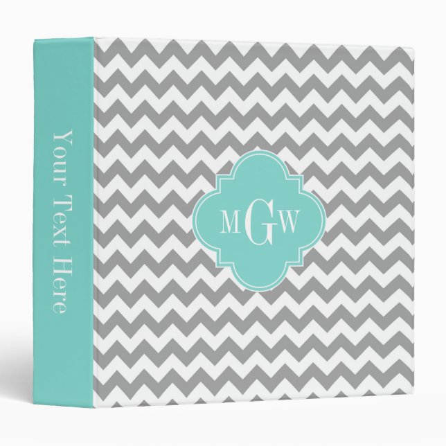 Grey Wht Chevron Aqua Quatrefoil 3 Monogram Binder (Front/Spine)