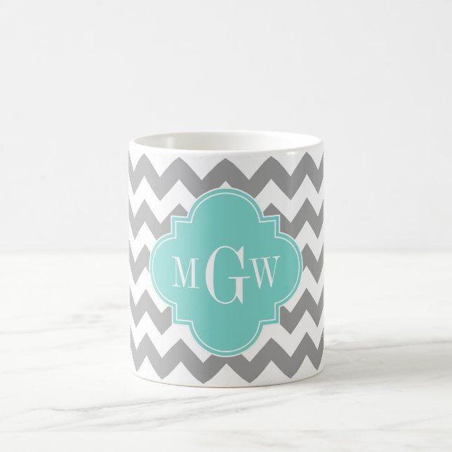 Grey Wht Chevron Aqua Quatrefoil 3 Monogram Coffee Mug (Center)