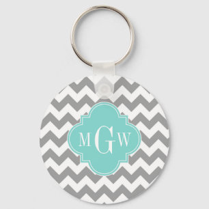 Grey Wht Chevron Aqua Quatrefoil 3 Monogram Keychain