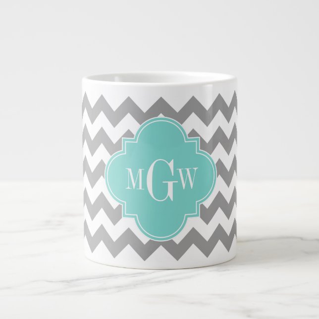 Grey Wht Chevron Aqua Quatrefoil 3 Monogram Large Coffee Mug (Front)