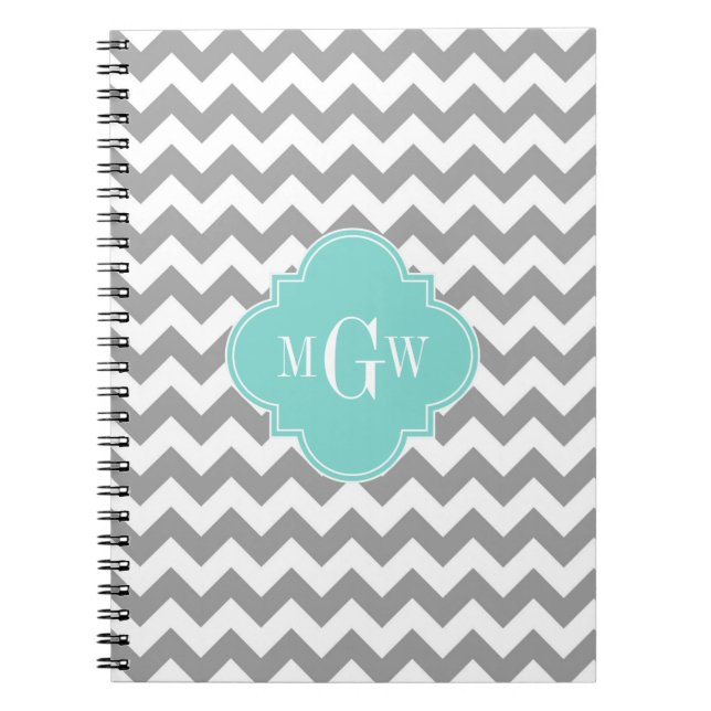 Grey Wht Chevron Aqua Quatrefoil 3 Monogram Notebook (Front)