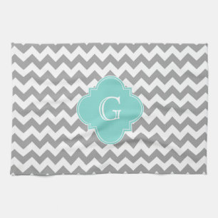 Grey Wht Chevron Aqua Quatrefoil Monogram Kitchen Towel