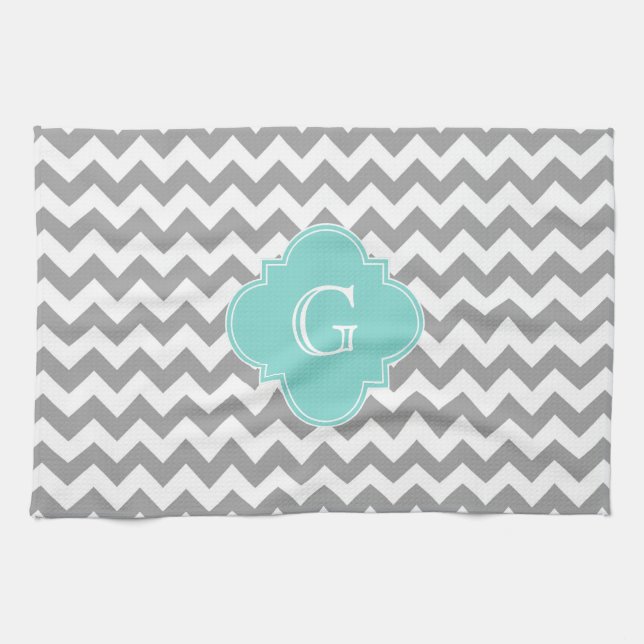Grey Wht Chevron Aqua Quatrefoil Monogram Kitchen Towel (Horizontal)