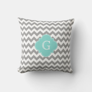 Grey Wht Chevron Aqua Quatrefoil Monogram Throw Pillow