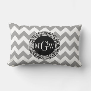 Grey Wht Chevron Black Greek Key 3 Monogram Lumbar Pillow