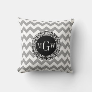 Grey Wht Chevron Black Greek Key 3 Monogram Throw Pillow