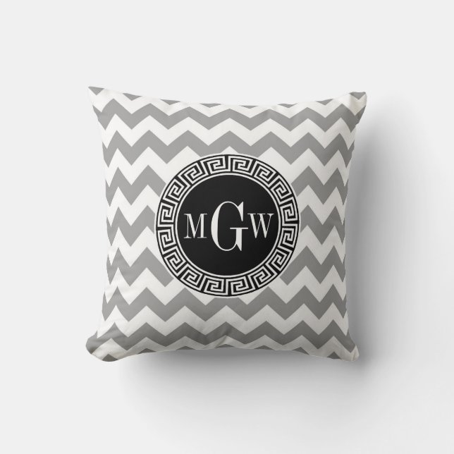 Grey Wht Chevron Black Greek Key 3 Monogram Throw Pillow (Front)