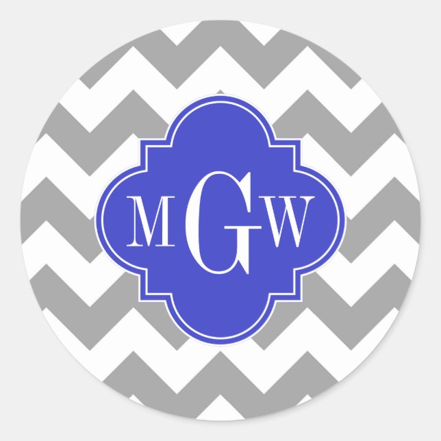 Grey Wht Chevron Cobalt Blue Quatrefoil 3 Monogram Classic Round Sticker (Front)
