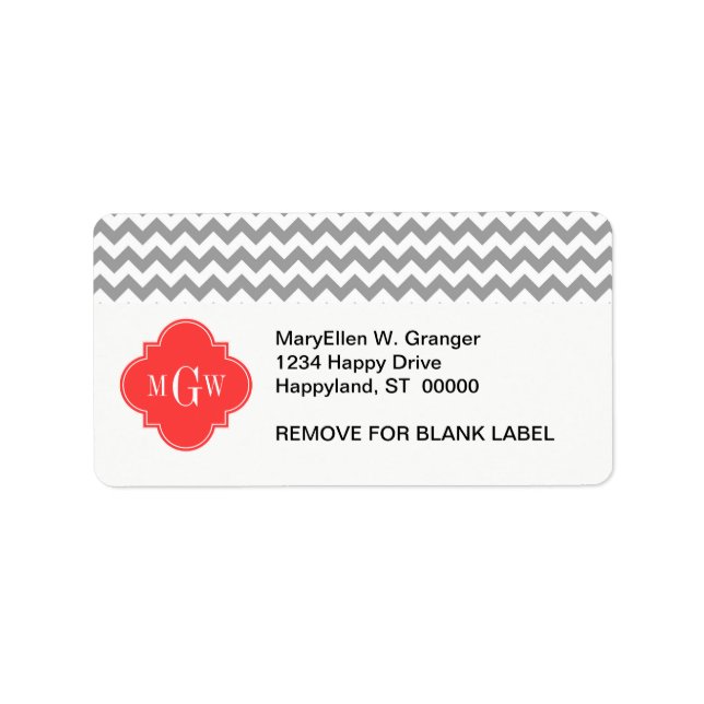 Grey Wht Chevron Coral Red Quatrefoil 3 Monogram Label (Front)