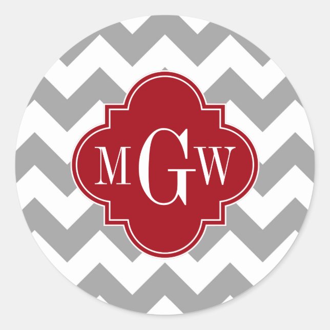 Grey Wht Chevron Cranberry Quatrefoil 3 Monogram Classic Round Sticker (Front)