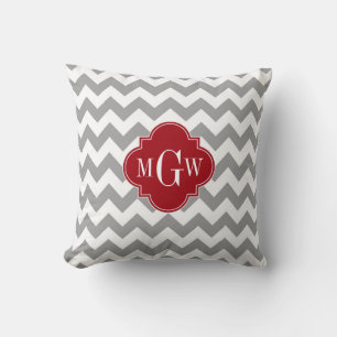 Grey Wht Chevron Cranberry Quatrefoil 3 Monogram Throw Pillow