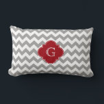 Grey Wht Chevron Cranberry Red Quatrefoil Monogram Lumbar Pillow<br><div class="desc">Grey and White Chevron ZigZag Pattern, Cranberry Red Quatrefoil Label Monogram A stylish, modern, chic chevron zig-zag pattern in grey and white. Customize the cranberry red quatrefoil label with your monogram, name or other text. (Click on "Customize it" to change the font, adjust font sizes, font colours, etc.) If you...</div>