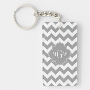 Grey Wht Chevron Dk Grey Quatrefoil 3 Monogram Keychain