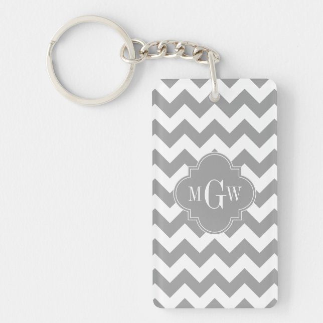 Grey Wht Chevron Dk Grey Quatrefoil 3 Monogram Keychain (Front)