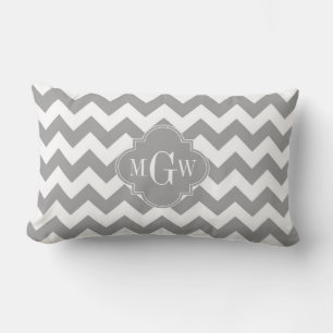 Grey Wht Chevron Dk Grey Quatrefoil 3 Monogram Lumbar Pillow