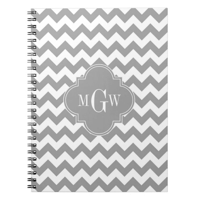 Grey Wht Chevron Dk Grey Quatrefoil 3 Monogram Notebook (Front)