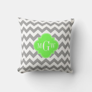 Grey Wht Chevron Lime Quatrefoil 3 Monogram Throw Pillow