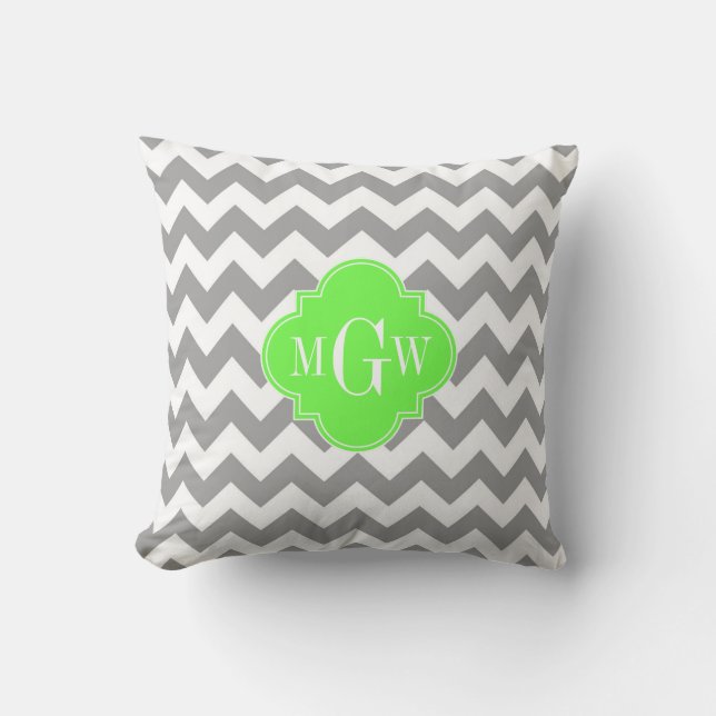 Grey Wht Chevron Lime Quatrefoil 3 Monogram Throw Pillow (Front)