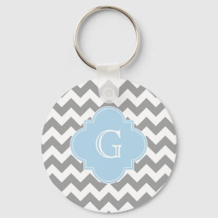 Grey Wht Chevron Lt Blue Quatrefoil Monogram Keychain