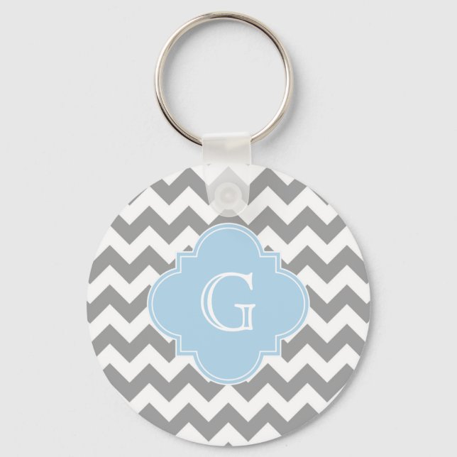 Grey Wht Chevron Lt Blue Quatrefoil Monogram Keychain (Front)